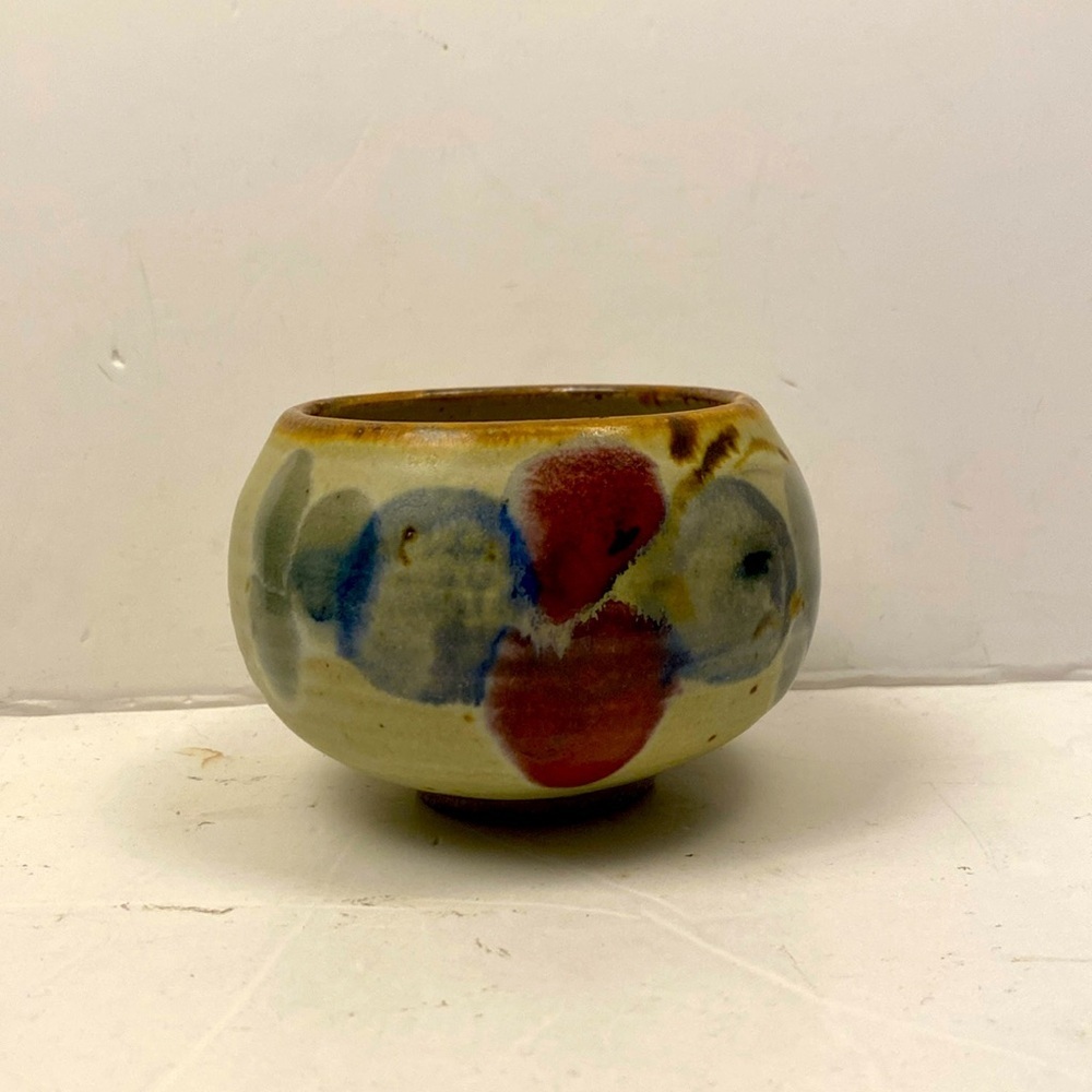 Ceramic plant pot, small rounded abstract paint signed artist piece